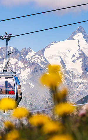 Gondel mit dem Glockner im Hintergrund und gelben Blumen im Vordergrund